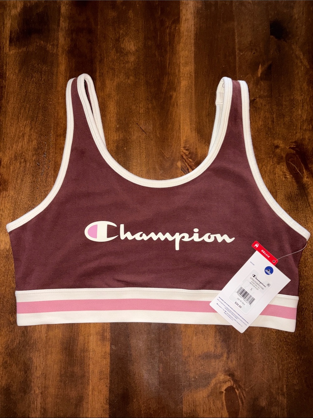 Champion Chocolate Brown Sport Bra with Pink and White Accents NWT L